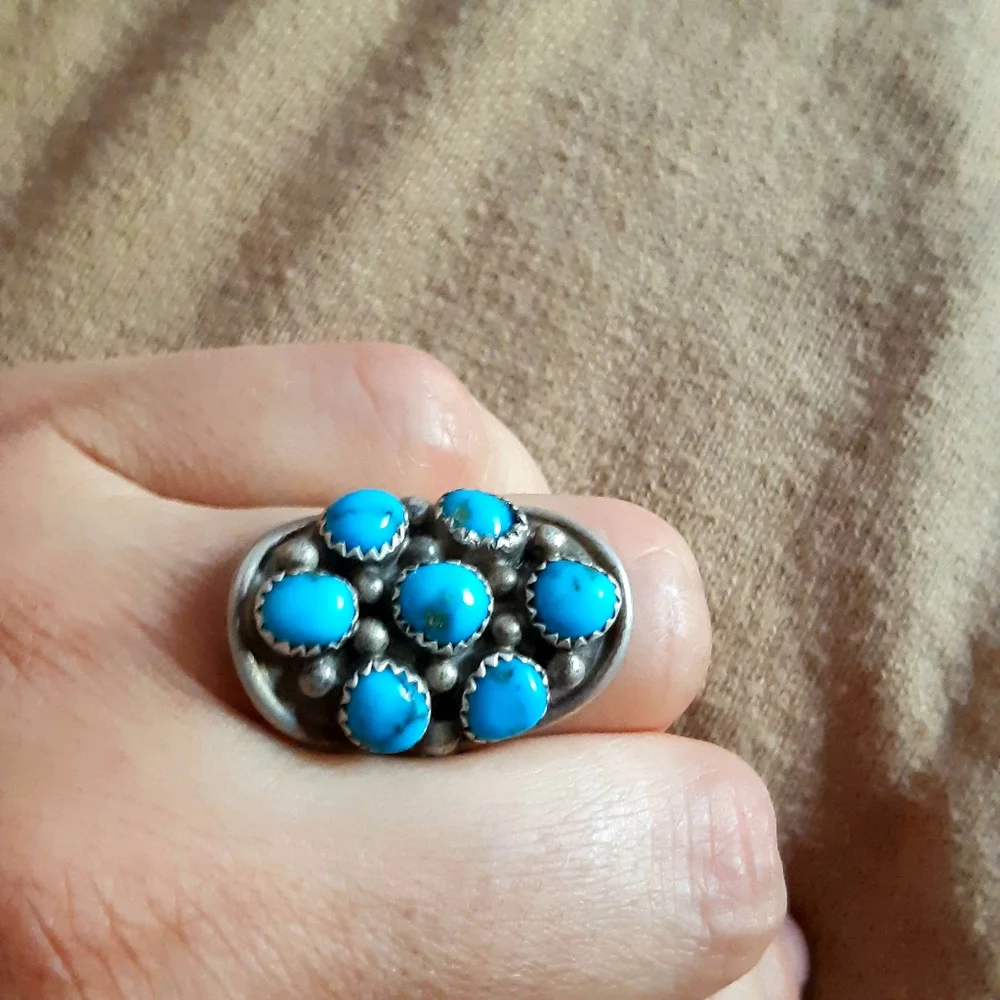 Navajo Style Sterling Turquoise Cabochon Cluster Ring Size 8.75 - Picture 9 of 16